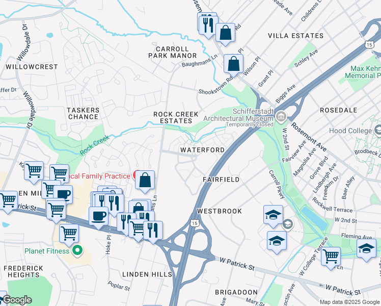 map of restaurants, bars, coffee shops, grocery stores, and more near 100 Charleston Lane in Frederick