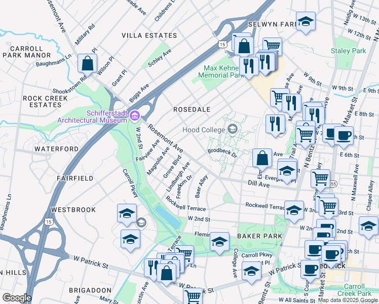 map of restaurants, bars, coffee shops, grocery stores, and more near 613 Rosemont Avenue in Frederick