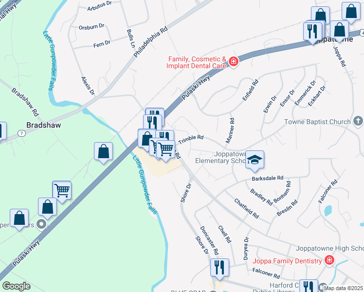 map of restaurants, bars, coffee shops, grocery stores, and more near 303 Trimble Road in Harford County