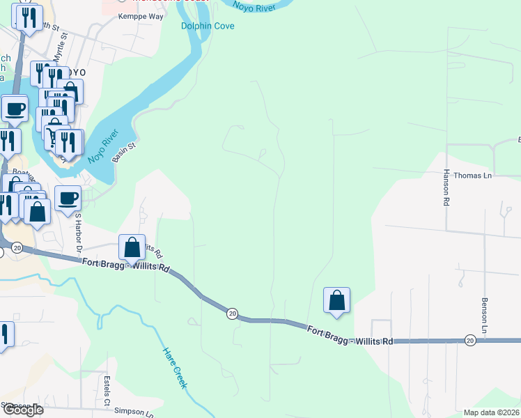 map of restaurants, bars, coffee shops, grocery stores, and more near in Fort Bragg