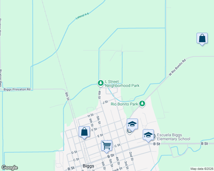 map of restaurants, bars, coffee shops, grocery stores, and more near 388 L Street in Biggs