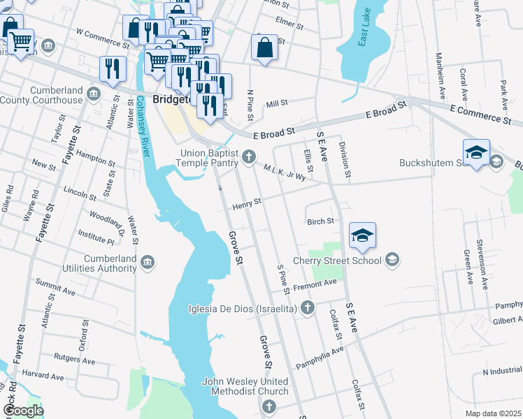 map of restaurants, bars, coffee shops, grocery stores, and more near 74 South Pine Street in Bridgeton