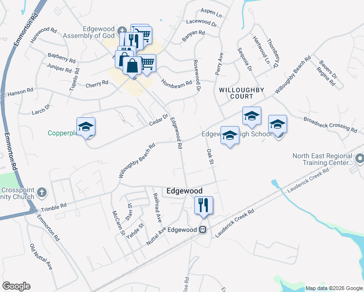 map of restaurants, bars, coffee shops, grocery stores, and more near 423 Willoughby Beach Road in Edgewood