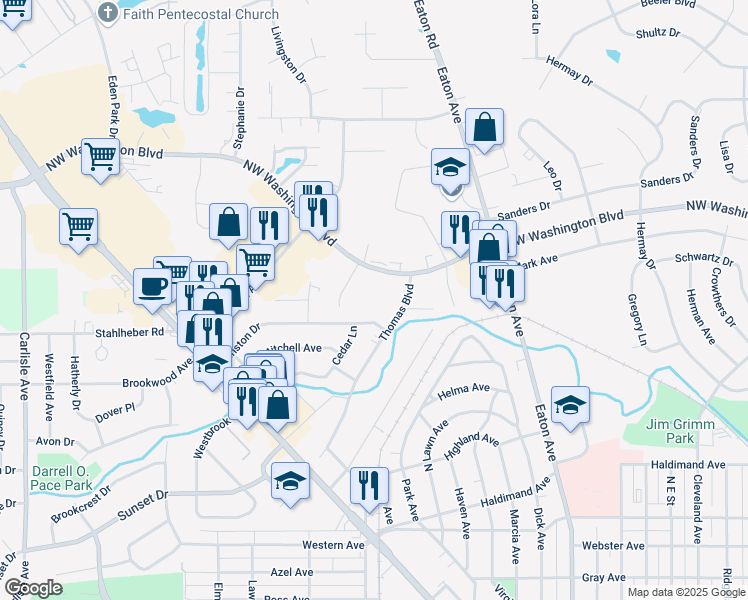 map of restaurants, bars, coffee shops, grocery stores, and more near 355 Thomas Boulevard in Hamilton