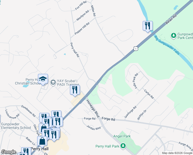 map of restaurants, bars, coffee shops, grocery stores, and more near 9906 Belair Road in Kingsville