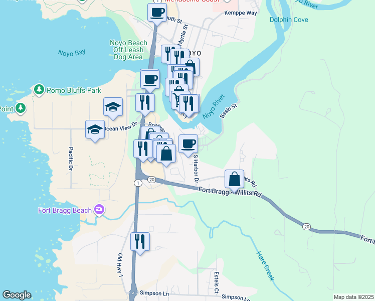 map of restaurants, bars, coffee shops, grocery stores, and more near 19160 South Harbor Drive in Fort Bragg