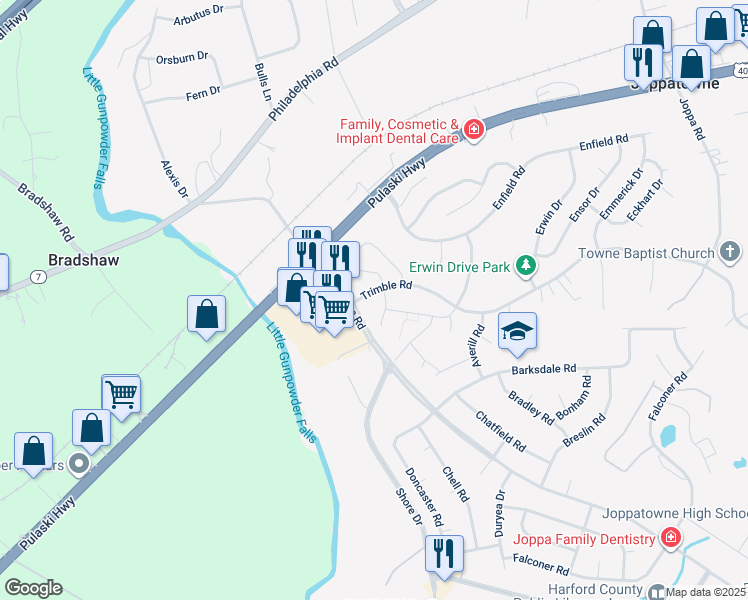 map of restaurants, bars, coffee shops, grocery stores, and more near 313 Trimble Road in Harford County