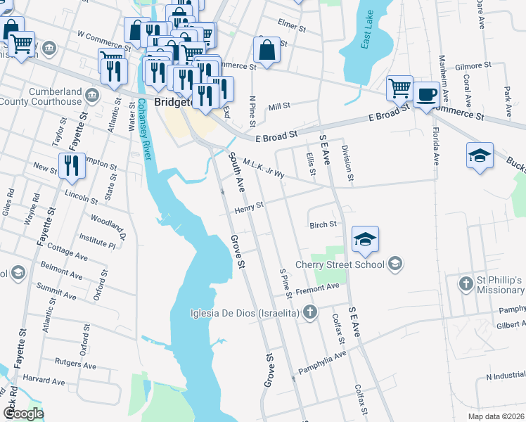 map of restaurants, bars, coffee shops, grocery stores, and more near 121 South Avenue in Bridgeton