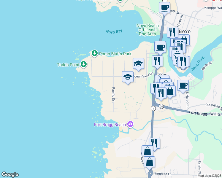 map of restaurants, bars, coffee shops, grocery stores, and more near 19100 Pacific Drive in Fort Bragg