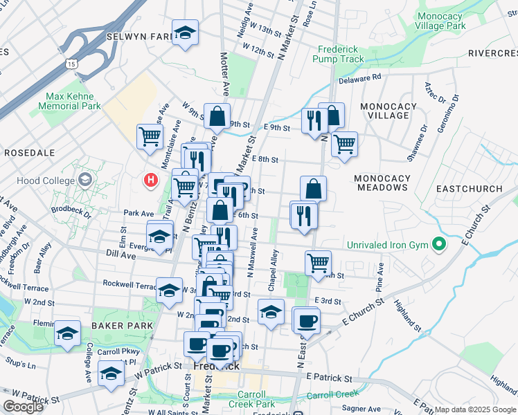 map of restaurants, bars, coffee shops, grocery stores, and more near 606 North Maxwell Avenue in Frederick