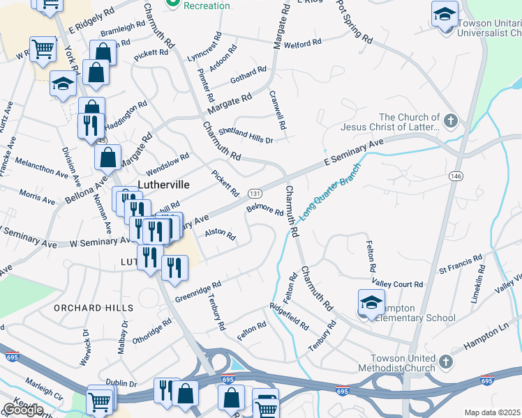 map of restaurants, bars, coffee shops, grocery stores, and more near 107 Belmore Road in Lutherville