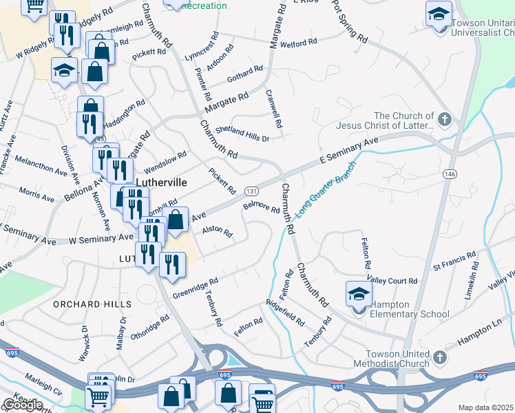map of restaurants, bars, coffee shops, grocery stores, and more near 107 Belmore Road in Lutherville