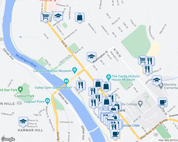 map of restaurants, bars, coffee shops, grocery stores, and more near 522 1/2 3rd Street in Marietta