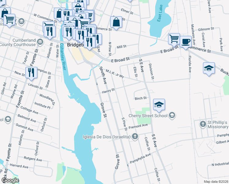 map of restaurants, bars, coffee shops, grocery stores, and more near 121 South Avenue in Bridgeton