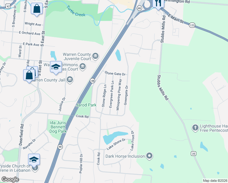 map of restaurants, bars, coffee shops, grocery stores, and more near 942 Evergreen Park Lane in Lebanon