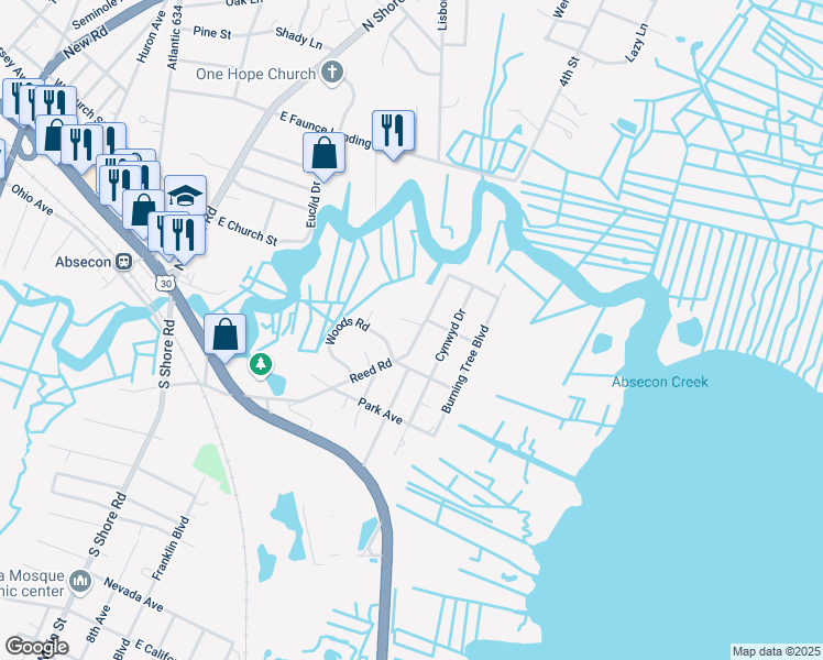 map of restaurants, bars, coffee shops, grocery stores, and more near 305 Reed Road in Absecon