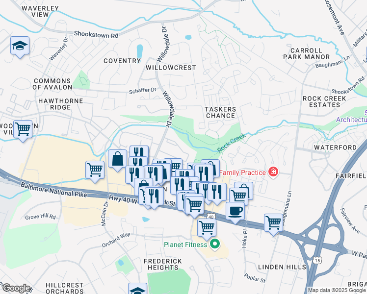 map of restaurants, bars, coffee shops, grocery stores, and more near 136 Willowdale Drive in Frederick