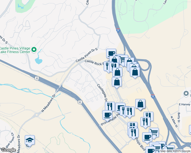 map of restaurants, bars, coffee shops, grocery stores, and more near 6225 Castlegate Drive West in Castle Rock