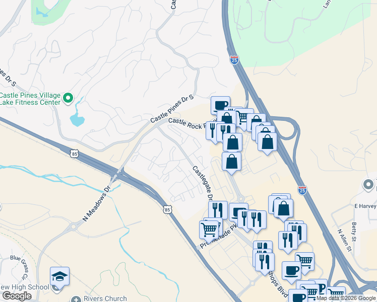 map of restaurants, bars, coffee shops, grocery stores, and more near 6200 Castlegate Drive West in Castle Rock