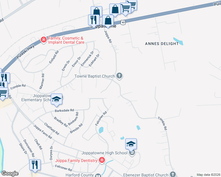 map of restaurants, bars, coffee shops, grocery stores, and more near 527 Trimble Road in Joppa