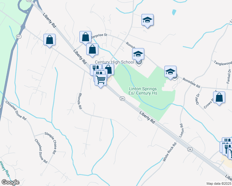 map of restaurants, bars, coffee shops, grocery stores, and more near 44 Maryland 26 in Eldersburg