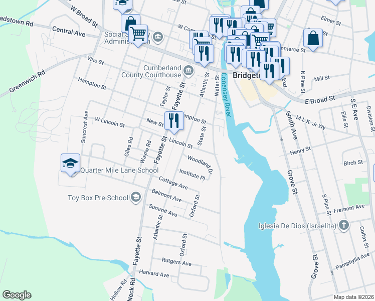 map of restaurants, bars, coffee shops, grocery stores, and more near 275 Atlantic Street in Bridgeton