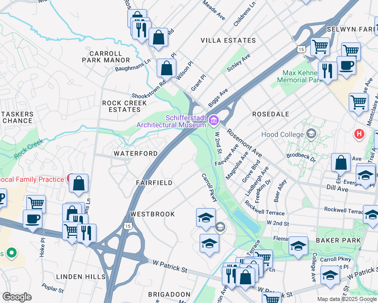 map of restaurants, bars, coffee shops, grocery stores, and more near 1001 Carroll Parkway in Frederick