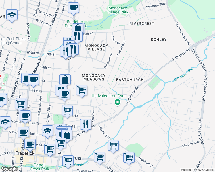 map of restaurants, bars, coffee shops, grocery stores, and more near 802 Apache Court in Frederick