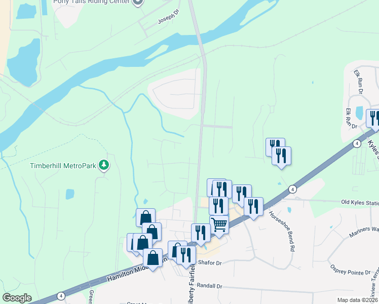 map of restaurants, bars, coffee shops, grocery stores, and more near 5387 Liberty Fairfield Road in Butler County