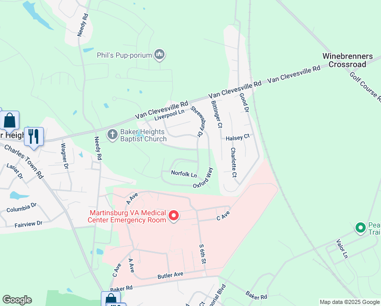 map of restaurants, bars, coffee shops, grocery stores, and more near Aldershot Drive in Martinsburg