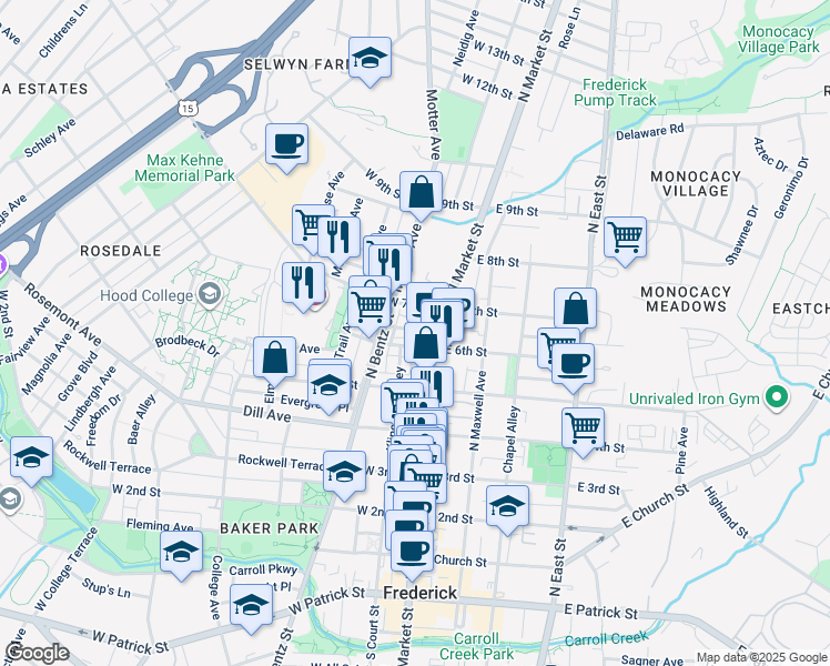map of restaurants, bars, coffee shops, grocery stores, and more near 21 Lord Nickens Street in Frederick