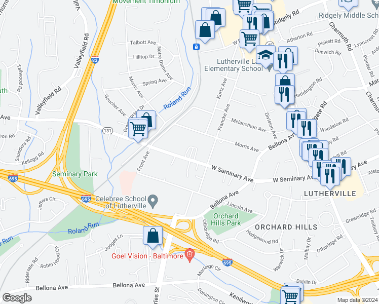 map of restaurants, bars, coffee shops, grocery stores, and more near 300 West Seminary Avenue in Lutherville-Timonium