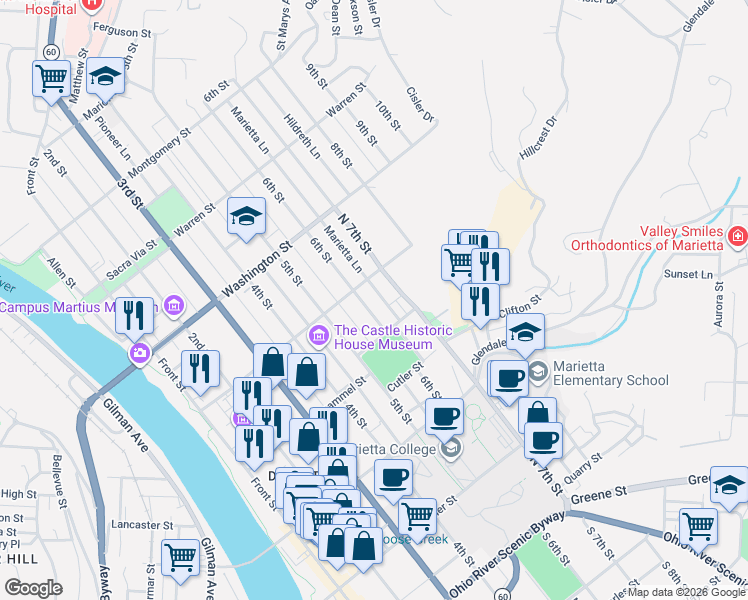 map of restaurants, bars, coffee shops, grocery stores, and more near 411 6th Street in Marietta