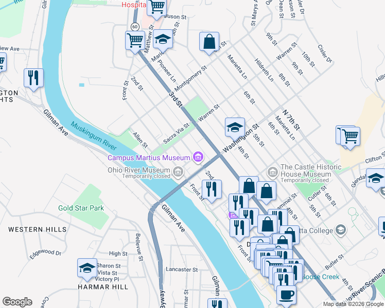map of restaurants, bars, coffee shops, grocery stores, and more near 628 2nd Street in Marietta