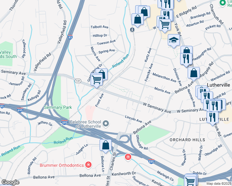 map of restaurants, bars, coffee shops, grocery stores, and more near 300 West Seminary Avenue in Lutherville-Timonium
