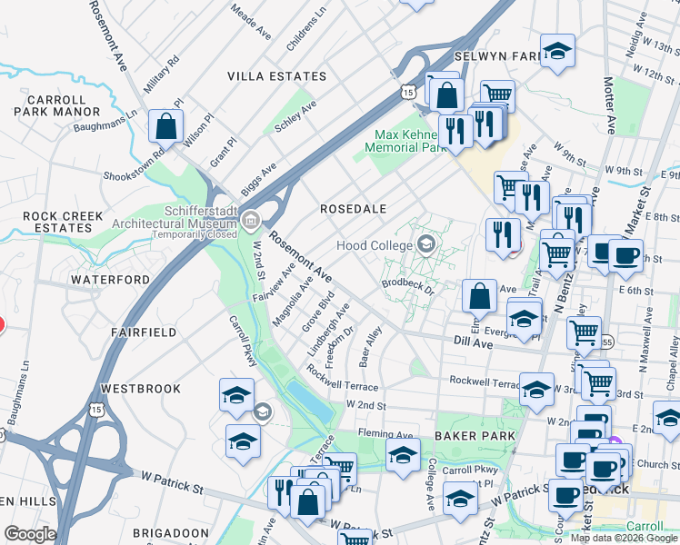 map of restaurants, bars, coffee shops, grocery stores, and more near 703 Rosemont Avenue in Frederick