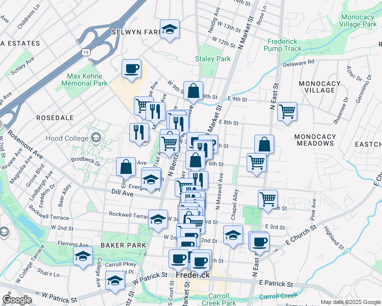 map of restaurants, bars, coffee shops, grocery stores, and more near 19 Lord Nickens Street in Frederick