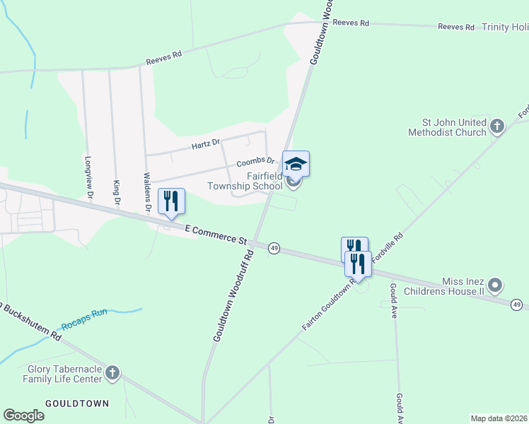 map of restaurants, bars, coffee shops, grocery stores, and more near 392 Gouldtown Woodruff Road in Bridgeton