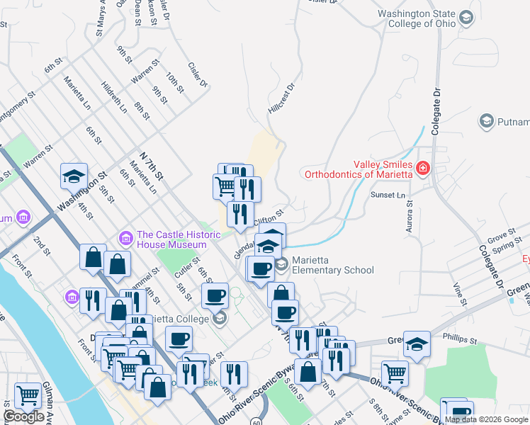 map of restaurants, bars, coffee shops, grocery stores, and more near 808 Clifton Street in Marietta
