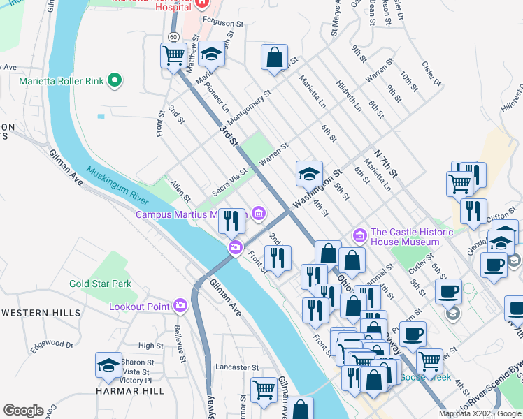 map of restaurants, bars, coffee shops, grocery stores, and more near 101 Washington Street in Marietta