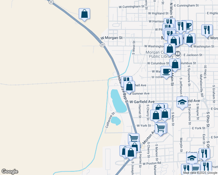 map of restaurants, bars, coffee shops, grocery stores, and more near 623 Mallards Crossing in Martinsville
