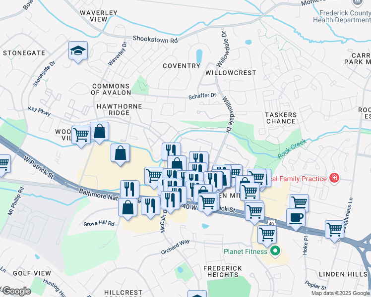 map of restaurants, bars, coffee shops, grocery stores, and more near 133 Willowdale Drive in Frederick