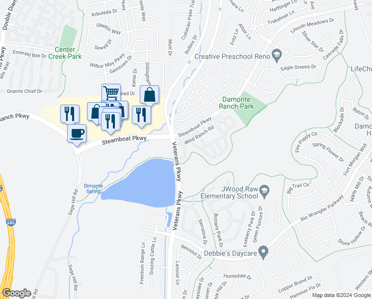 map of restaurants, bars, coffee shops, grocery stores, and more near 1730 Wind Ranch Road in Reno