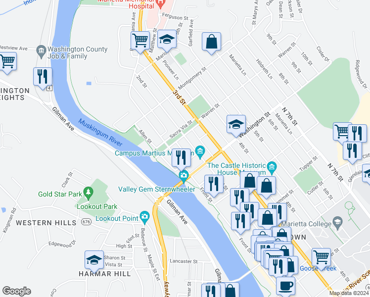 map of restaurants, bars, coffee shops, grocery stores, and more near 625 1/2 2nd Street in Marietta