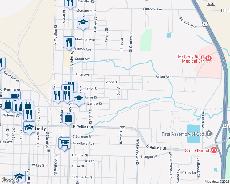 map of restaurants, bars, coffee shops, grocery stores, and more near 549 Oak in Moberly