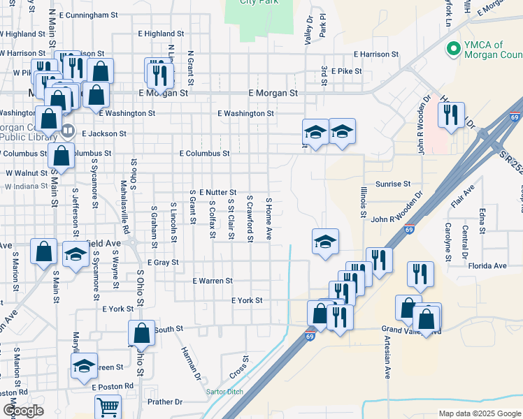 map of restaurants, bars, coffee shops, grocery stores, and more near 409 South Crawford Street in Martinsville