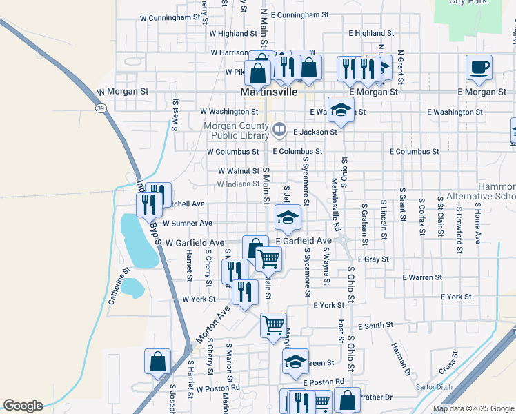 map of restaurants, bars, coffee shops, grocery stores, and more near 464 South Main Street in Martinsville
