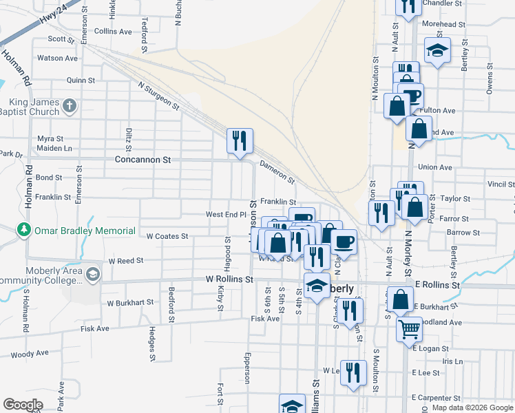 map of restaurants, bars, coffee shops, grocery stores, and more near Johnson Street in Moberly