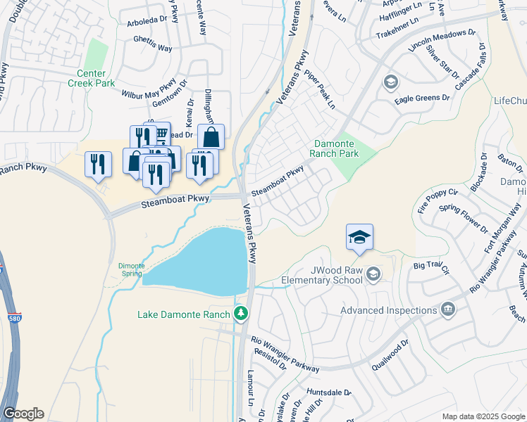 map of restaurants, bars, coffee shops, grocery stores, and more near 1801 Wind Ranch Road in Reno