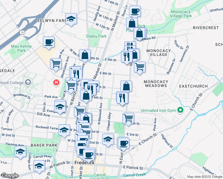 map of restaurants, bars, coffee shops, grocery stores, and more near 126 East 7th Street in Frederick